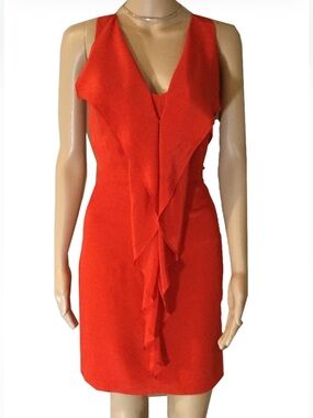 Greylin Red Orange Ruffle Front Silk Dress